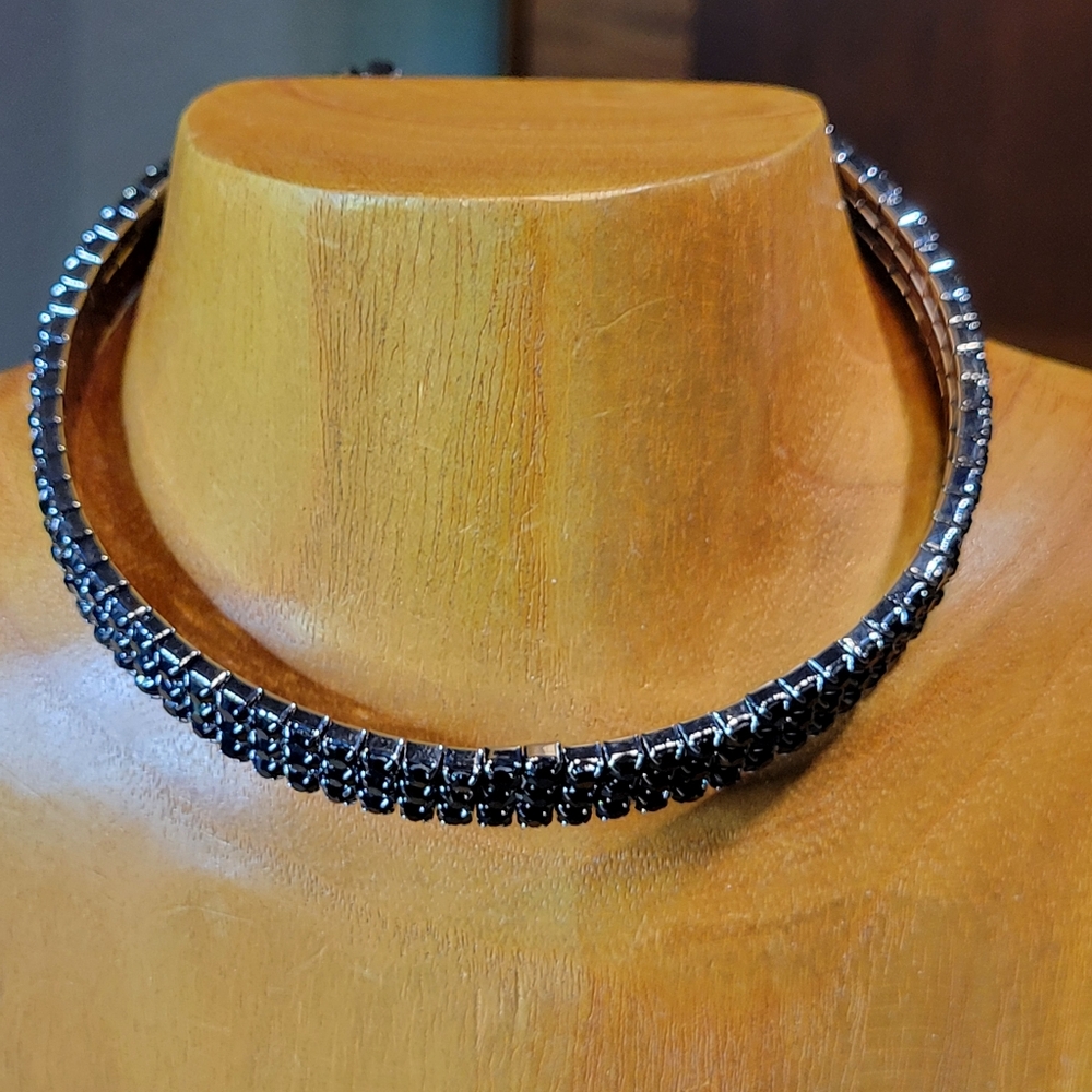 Gunmetal with Black Rhinestones Choker Collar Necklace 3 Rows Crystals
